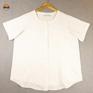Woman Within Button-Up Linen Shirt White Short Sleeve Women's Plus Size 18/20 2X